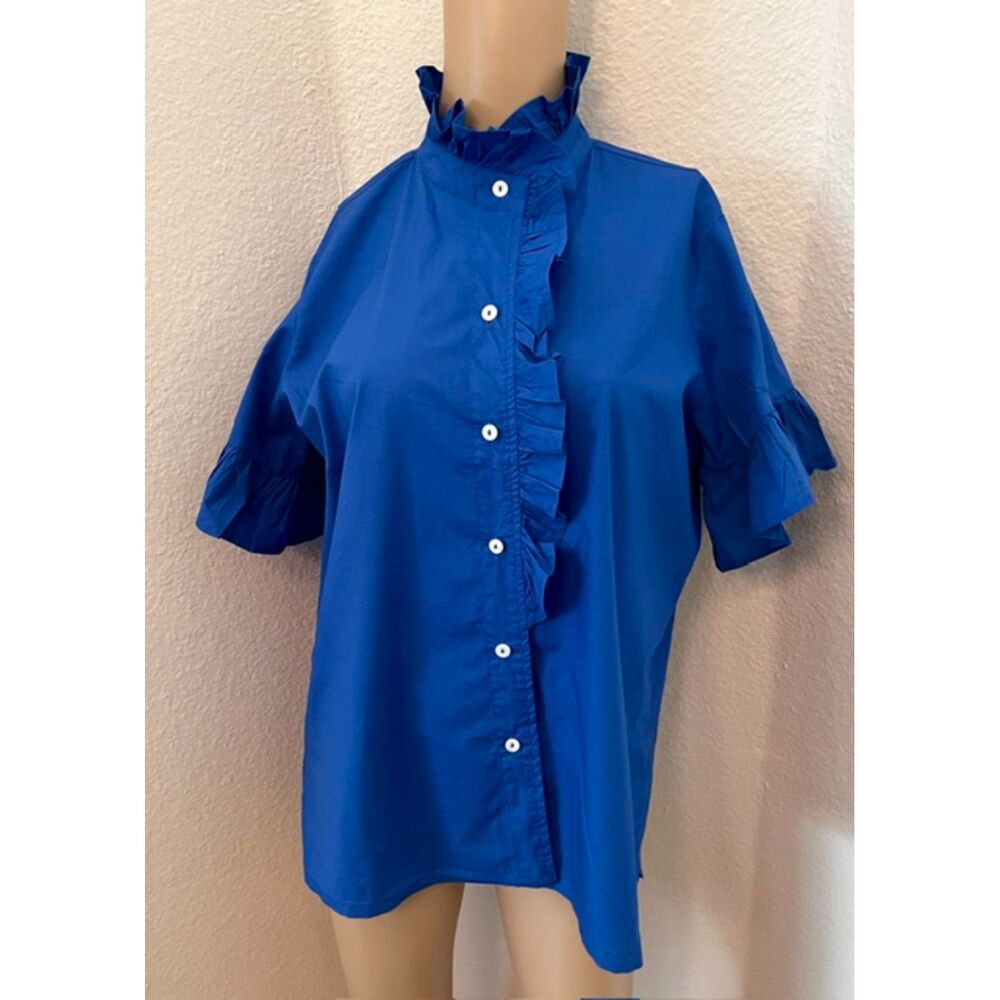 SZ L MILLE Vanessa Top w Button Front and Ruffle Accents in AZUR Color - Picture 2 of 8